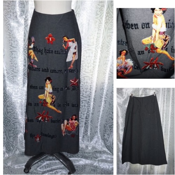 Pinup Dresses & Skirts - OOAK Denim Maxi Skirt Retro Pinup girl beading